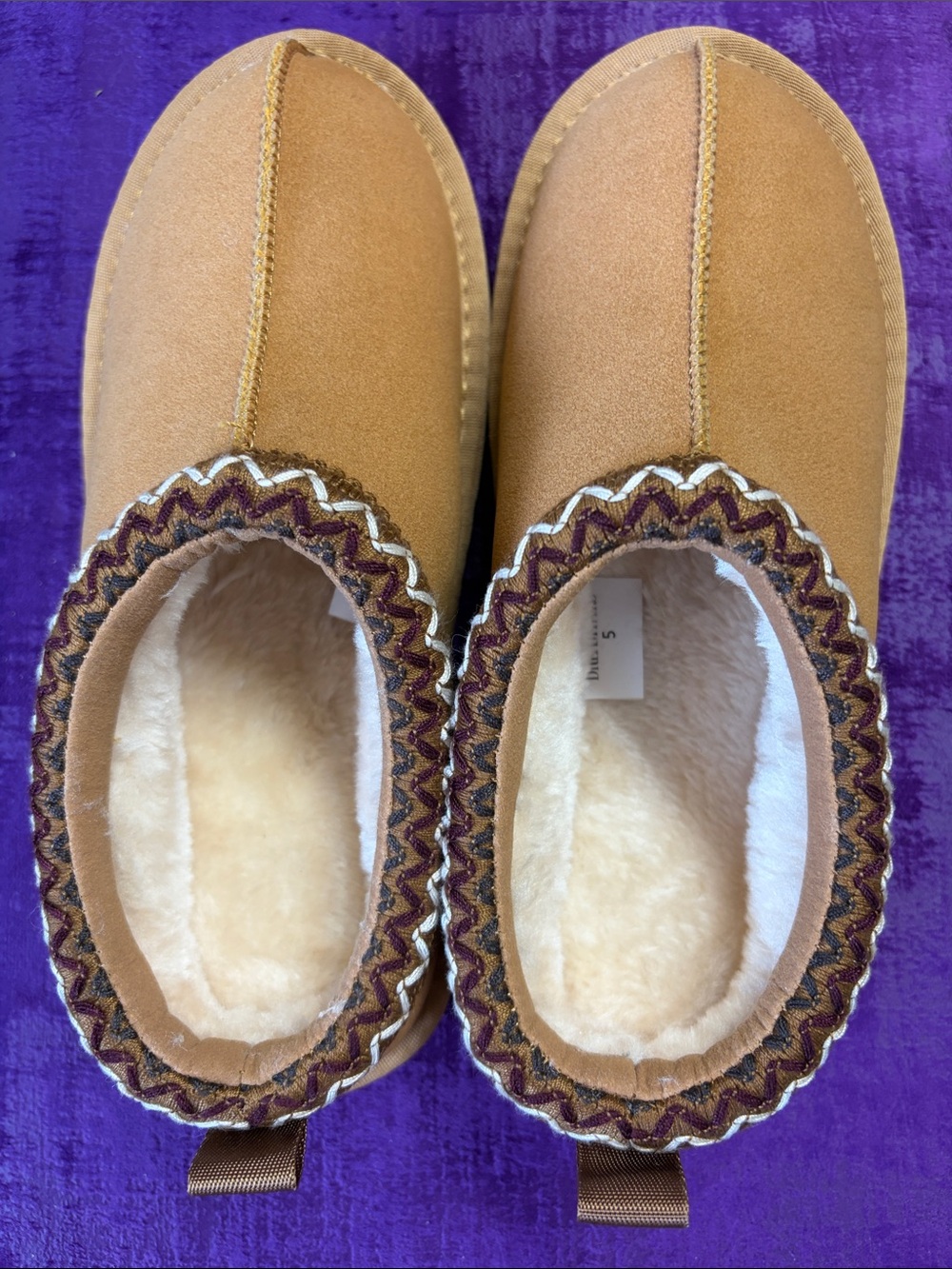 Kids Plush Slip-On Slippers in Tan with Decorative Trim